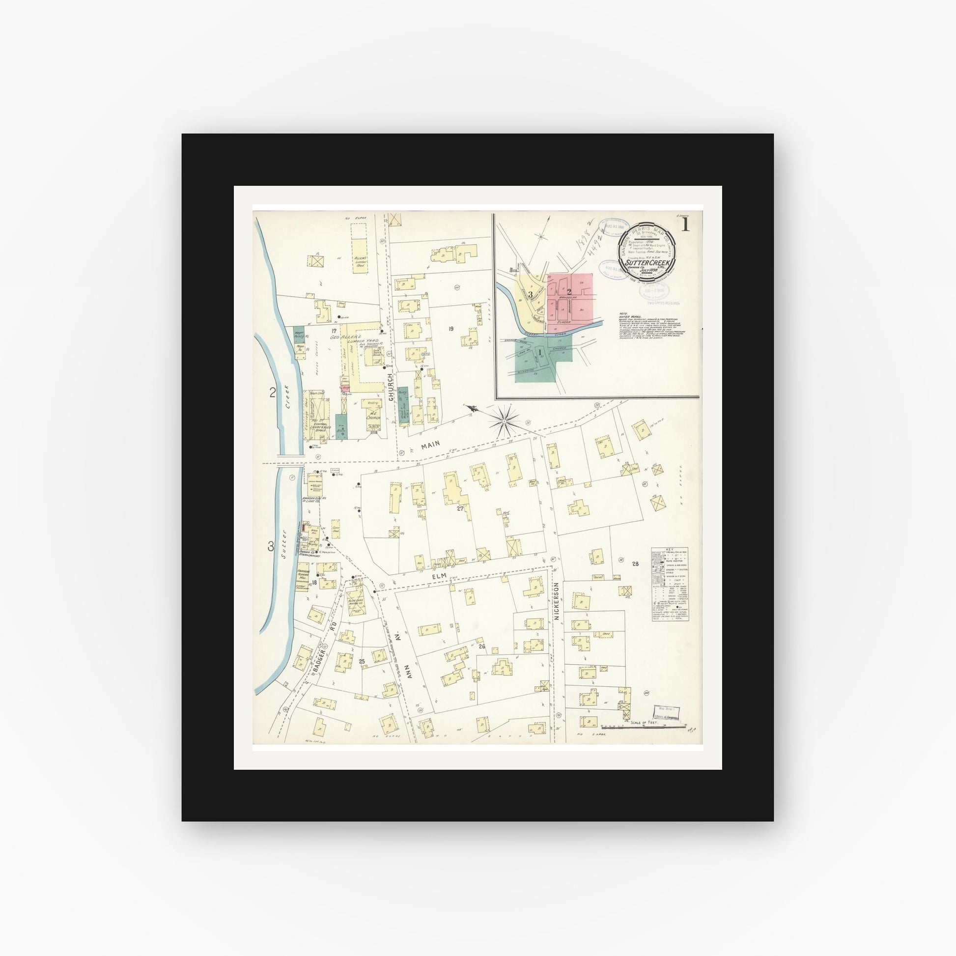 Old map wall art mockup — black gallery frame with white mat — Sanborn Fire Insurance Map from Sutter Creek, Amador County, California (1898) - Complete Map Set
