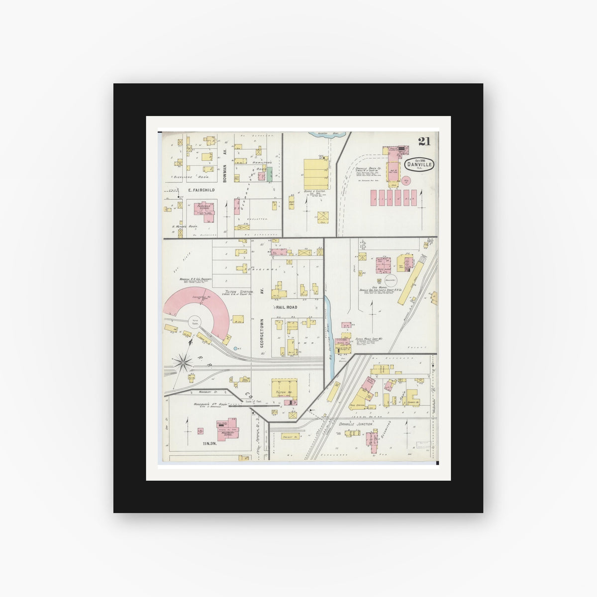 Old map wall art mockup — black gallery frame with white mat — Sanborn Fire Insurance Map from Danville, Vermilion County, Illinois (1895), Sheet #0021
