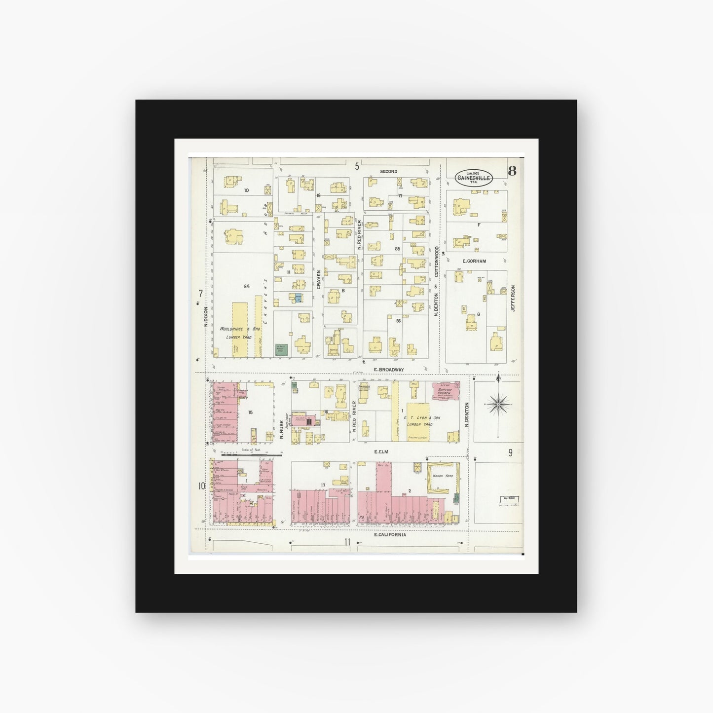 Old map wall art mockup — black gallery frame with white mat — Sanborn Fire Insurance Map from Gainesville, Cooke County, Texas (1902), Sheet #0008