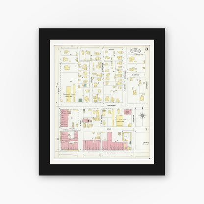 Old map wall art mockup — black gallery frame with white mat — Sanborn Fire Insurance Map from Gainesville, Cooke County, Texas (1902), Sheet #0008
