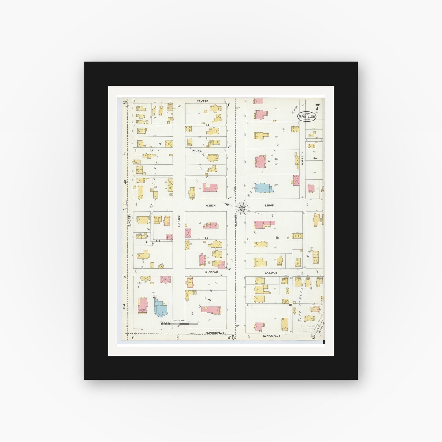 Old map wall art mockup — black gallery frame with white mat — Sanborn Fire Insurance Map from Massillon, Stark County, Ohio (1901), Sheet #0007