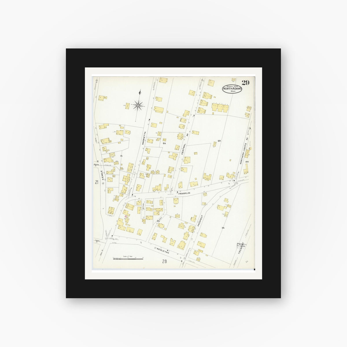 Old map wall art mockup — black gallery frame with white mat — Sanborn Fire Insurance Map from North Adams, Berkshire County, Massachusetts (1908), Sheet #0029