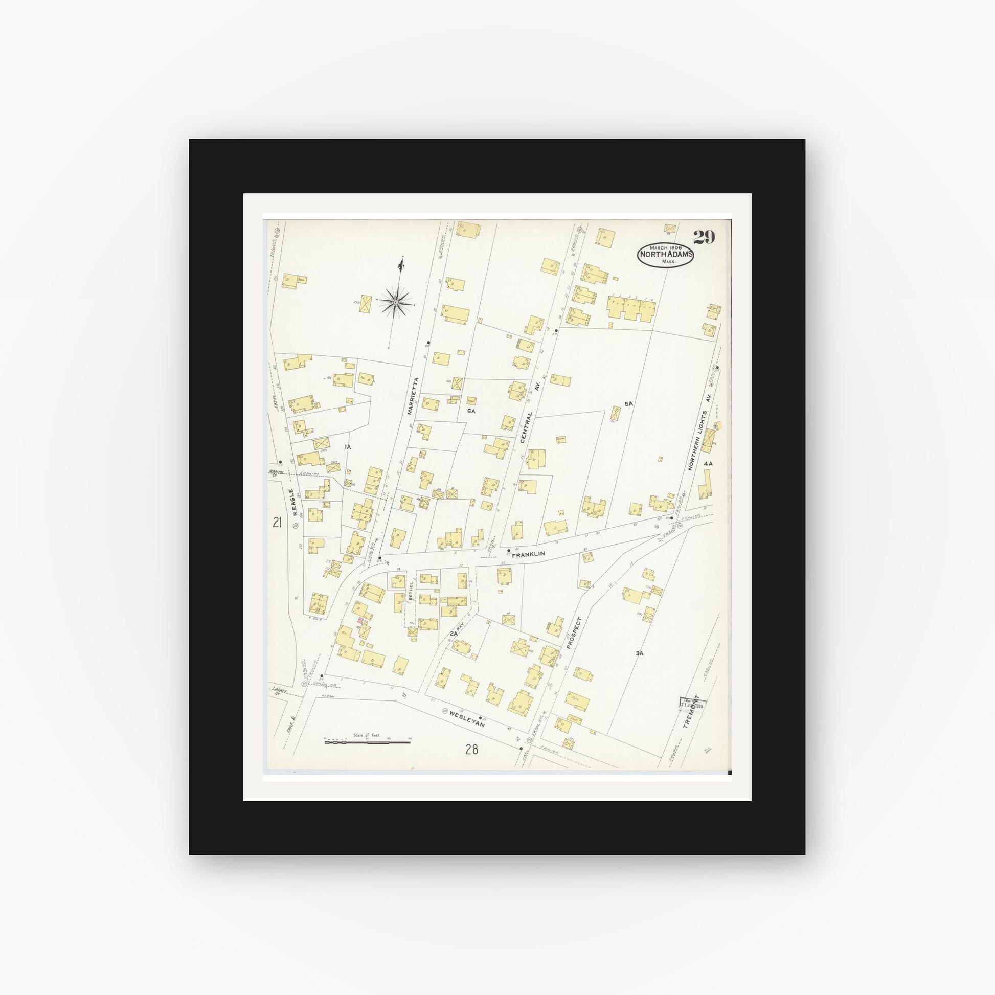 Old map wall art mockup — black gallery frame with white mat — Sanborn Fire Insurance Map from North Adams, Berkshire County, Massachusetts (1908), Sheet #0029