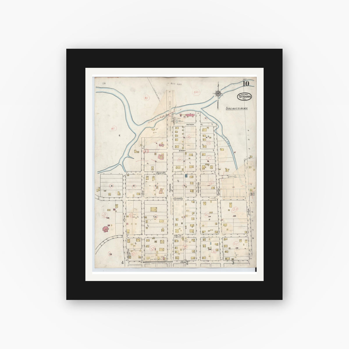 Old map wall art mockup — black gallery frame with white mat — Sanborn Fire Insurance Map from Strawn, Palo Pinto County, Texas (1944), Sheet #0010