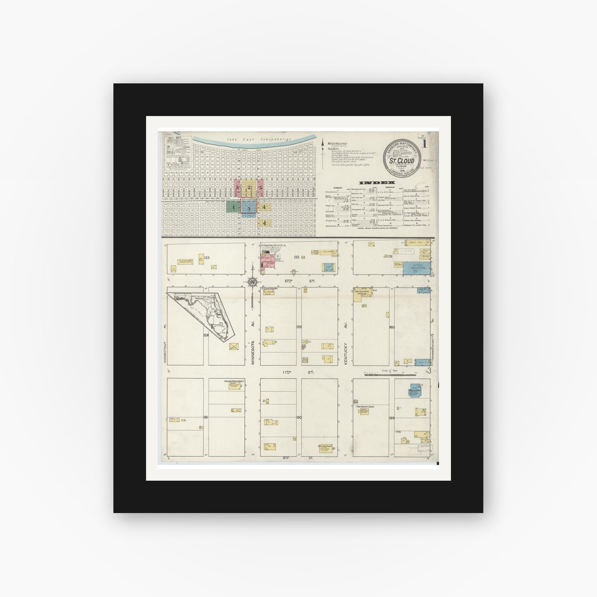 Old map wall art mockup — black gallery frame with white mat — Sanborn Fire Insurance Map from Saint Cloud, Osceola County, Florida (1915) - Complete Map Set