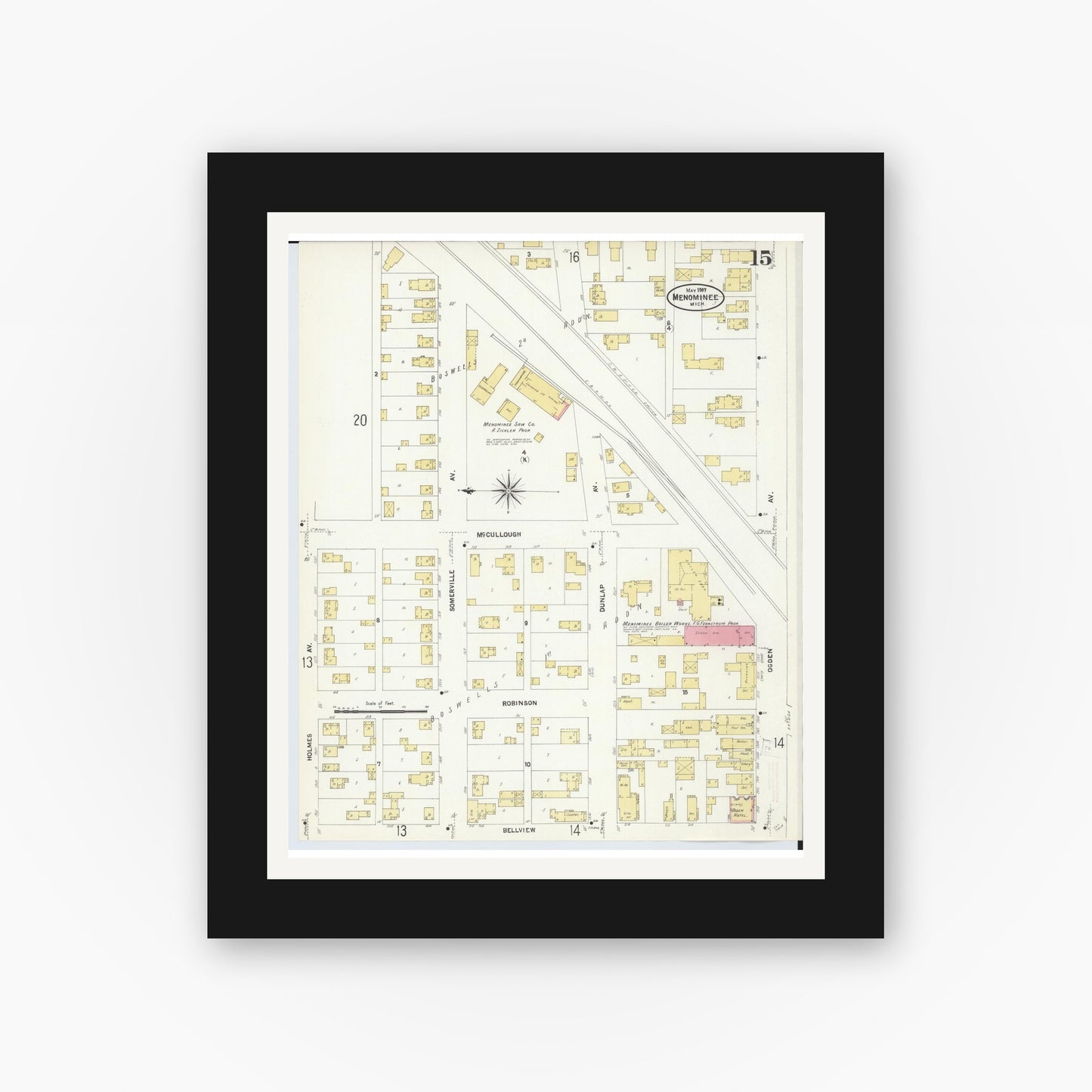Old map wall art mockup — black gallery frame with white mat — Sanborn Fire Insurance Map from Menominee, Menominee County, Michigan (1907), Sheet #0015