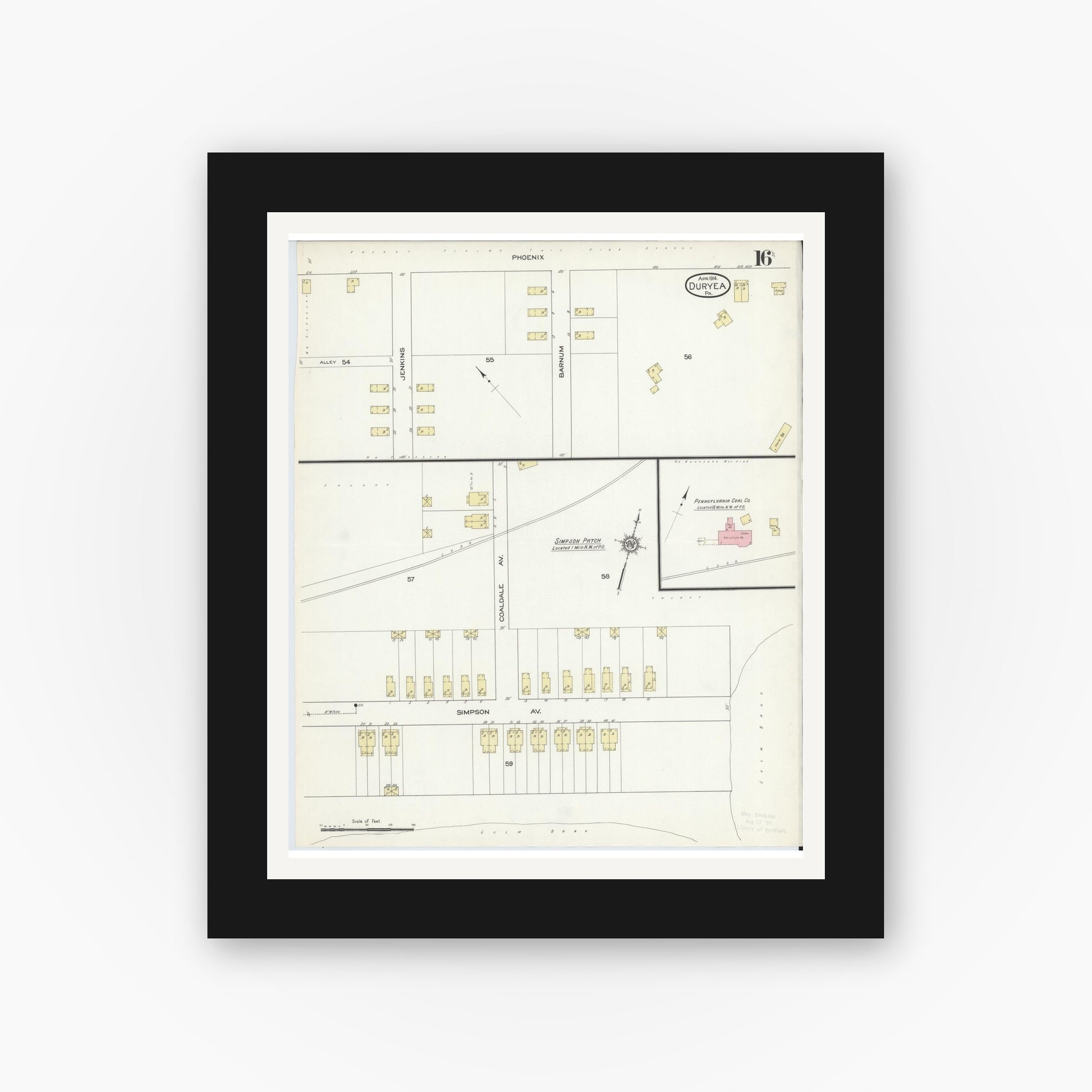 Old map wall art mockup — black gallery frame with white mat — Sanborn Fire Insurance Map from Duryea, Luzerne County, Pennsylvania (1914), Sheet #0016