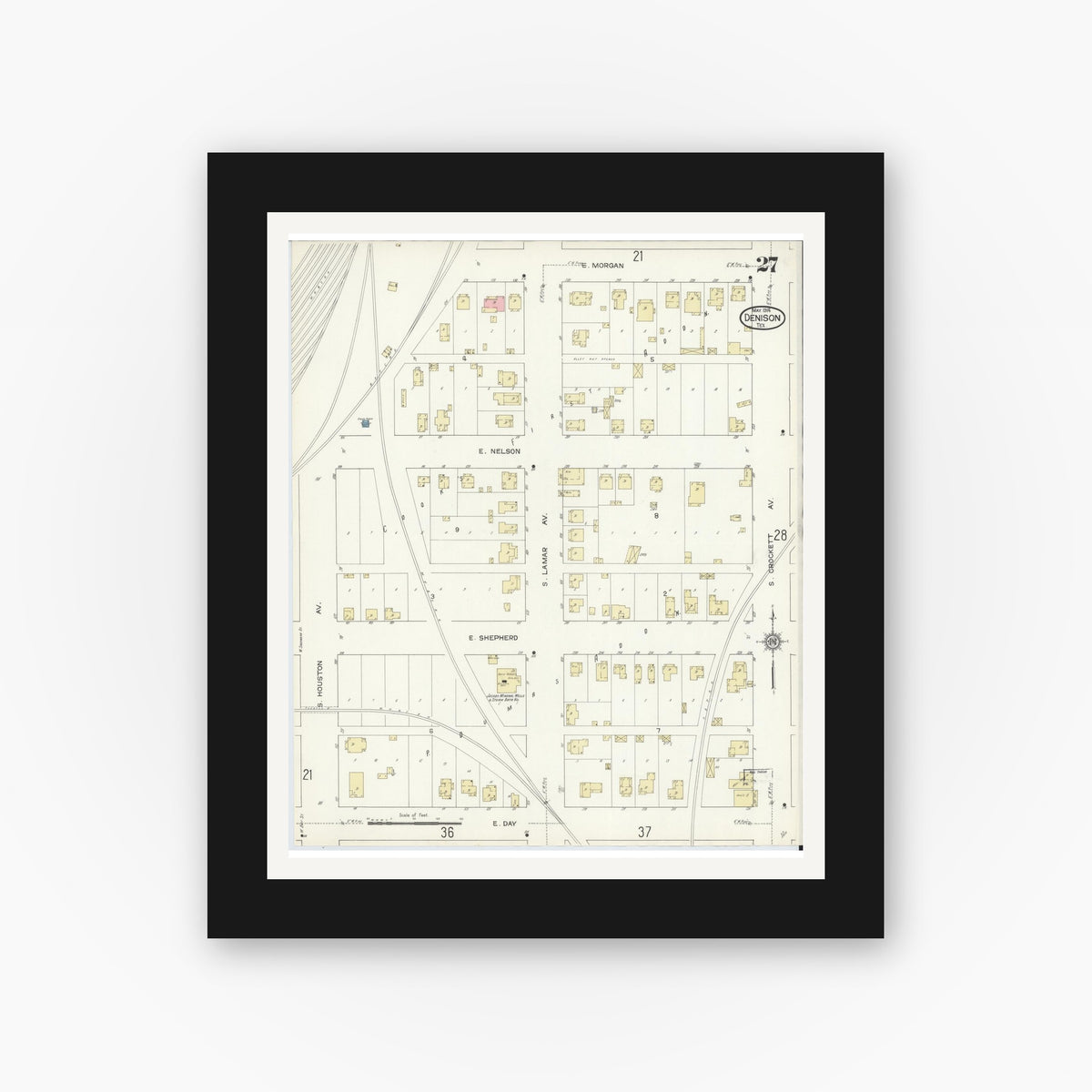Old map wall art mockup — black gallery frame with white mat — Sanborn Fire Insurance Map from Denison, Grayson County, Texas (1914), Sheet #0027