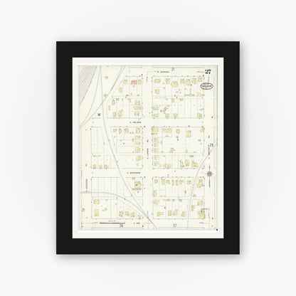 Old map wall art mockup — black gallery frame with white mat — Sanborn Fire Insurance Map from Denison, Grayson County, Texas (1914), Sheet #0027