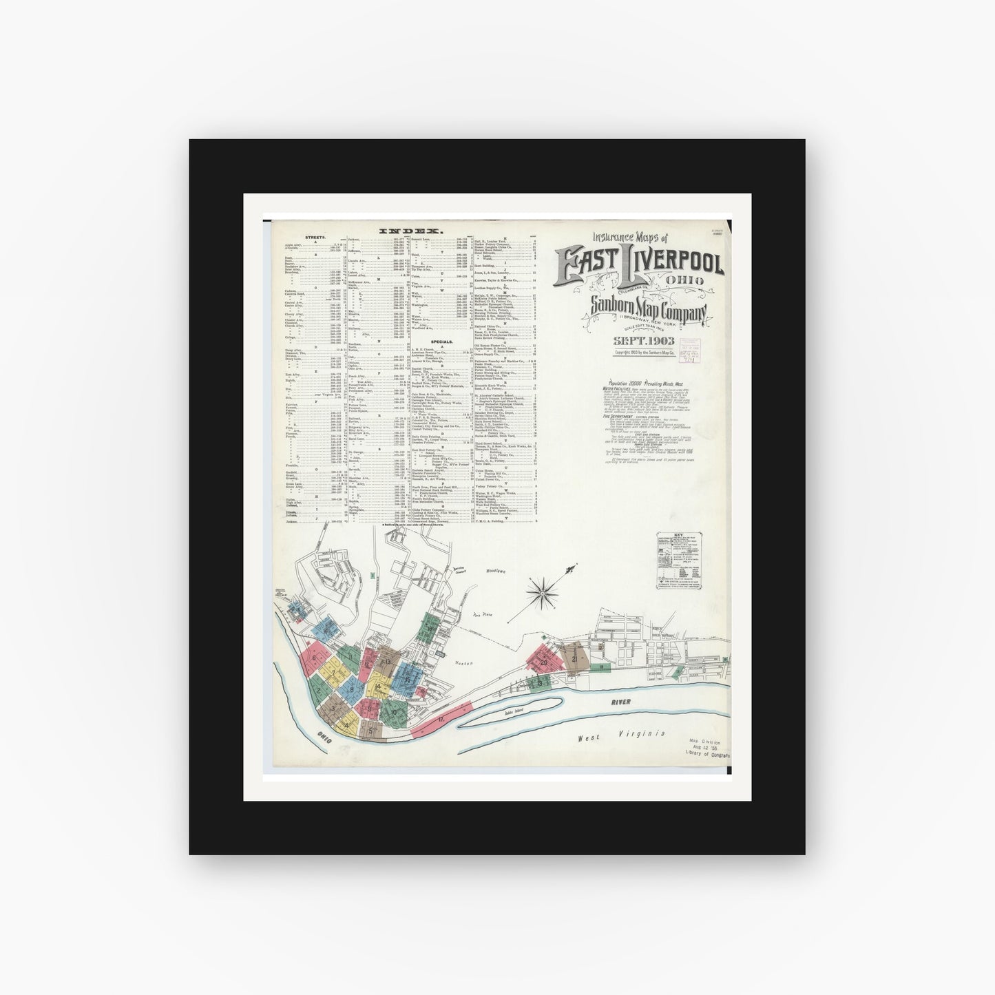 Old map wall art mockup — black gallery frame with white mat — Sanborn Fire Insurance Map from East Liverpool, Columbiana County, Ohio (1903) - Complete Map Set