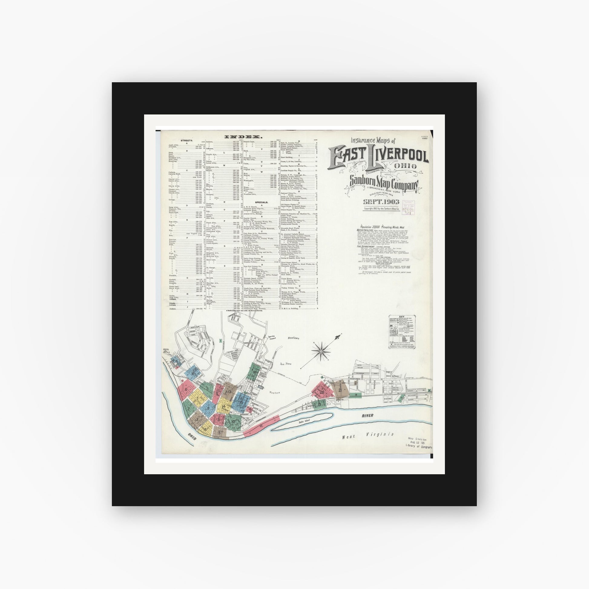 Old map wall art mockup — black gallery frame with white mat — Sanborn Fire Insurance Map from East Liverpool, Columbiana County, Ohio (1903) - Complete Map Set