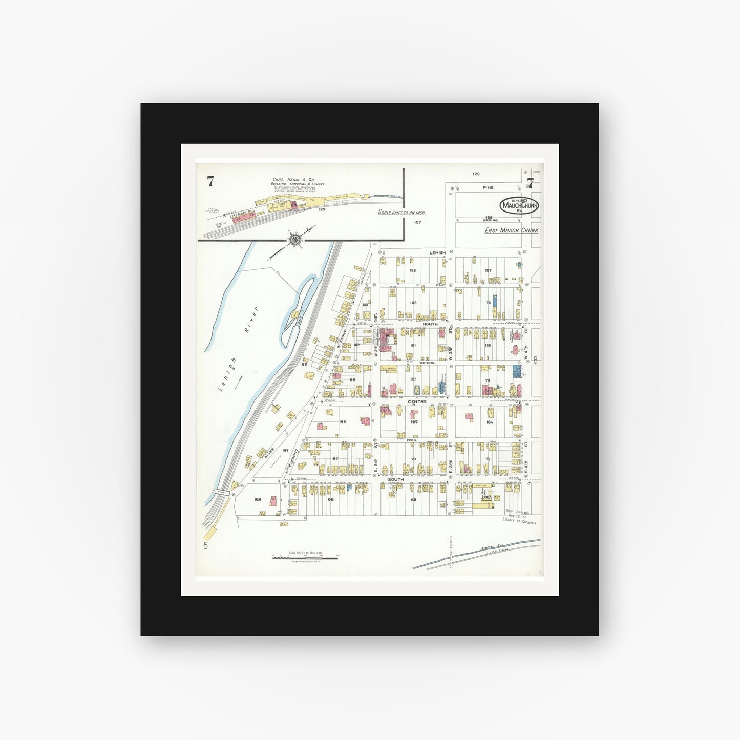 Old map wall art mockup — black gallery frame with white mat — Sanborn Fire Insurance Map from Mauch Chunk, Carbon County, Pennsylvania (1923), Sheet #0007