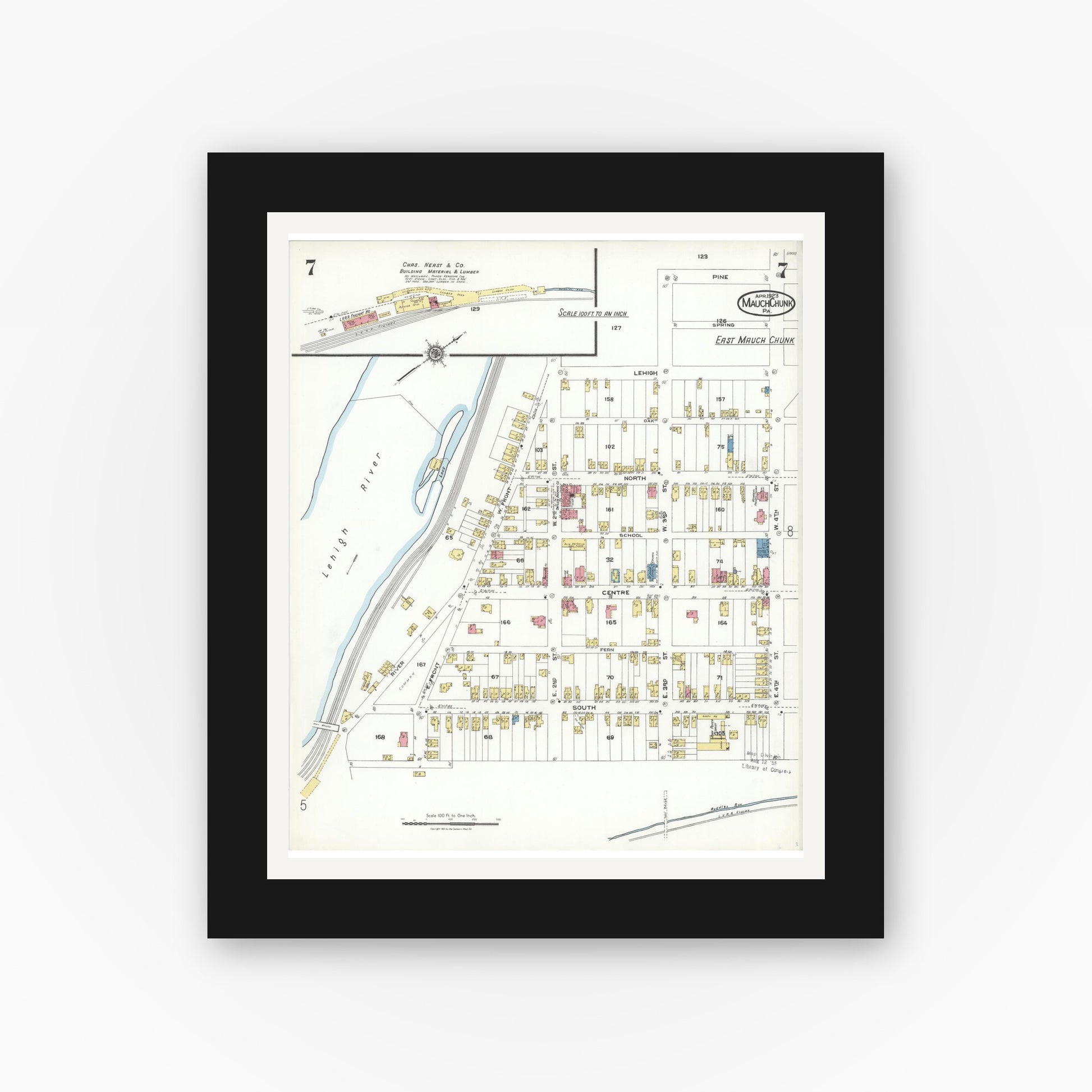 Old map wall art mockup — black gallery frame with white mat — Sanborn Fire Insurance Map from Mauch Chunk, Carbon County, Pennsylvania (1923), Sheet #0007