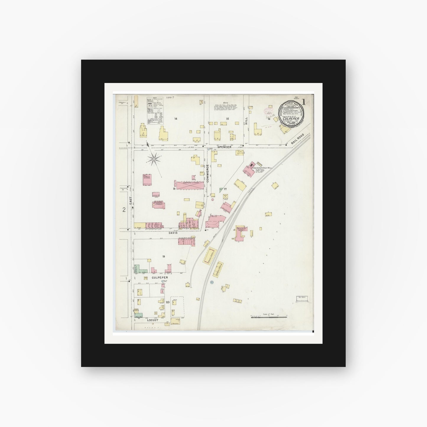 Old map wall art mockup — black gallery frame with white mat — Sanborn Fire Insurance Map from Culpeper, Culpeper County, Virginia (1896) - Complete Map Set