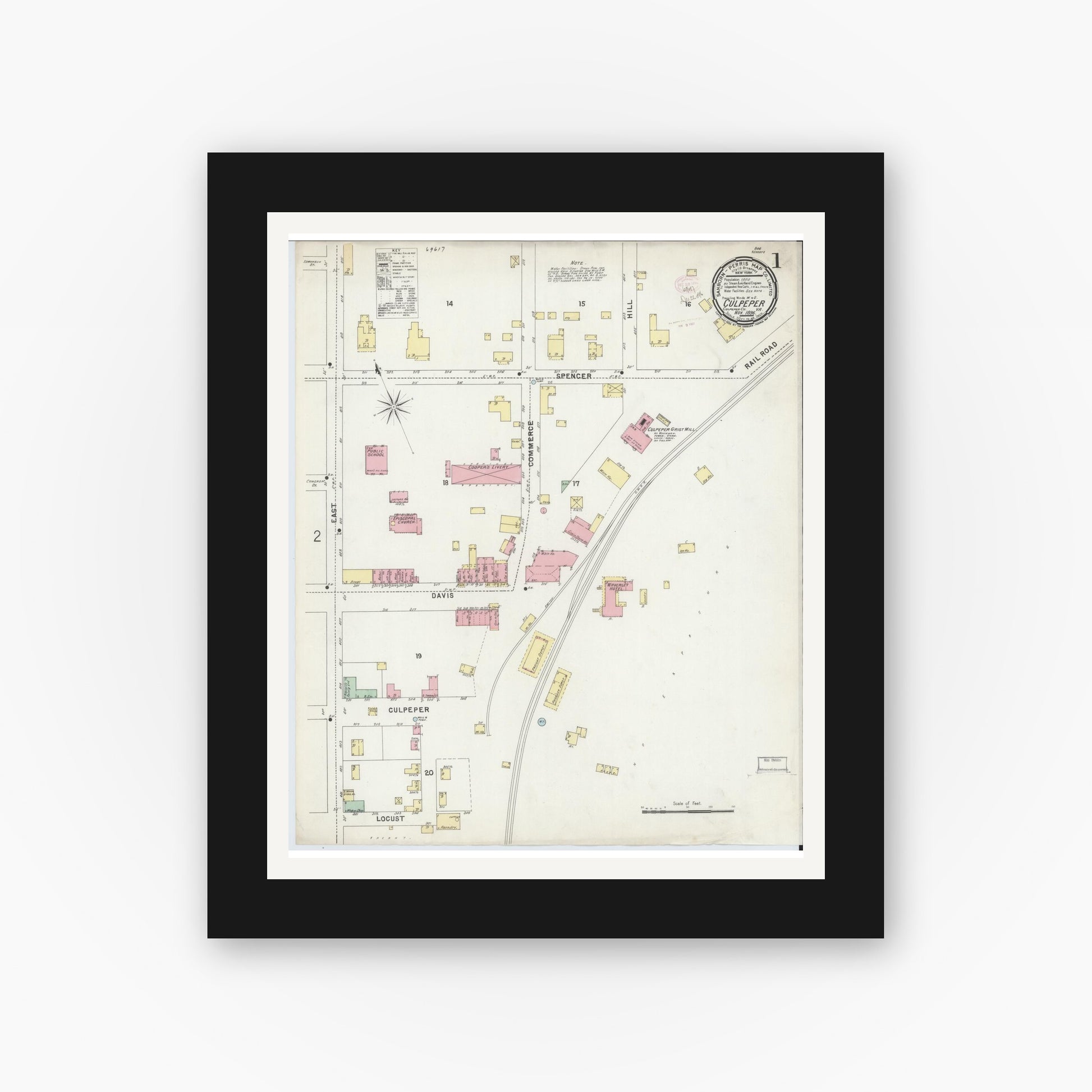 Old map wall art mockup — black gallery frame with white mat — Sanborn Fire Insurance Map from Culpeper, Culpeper County, Virginia (1896) - Complete Map Set