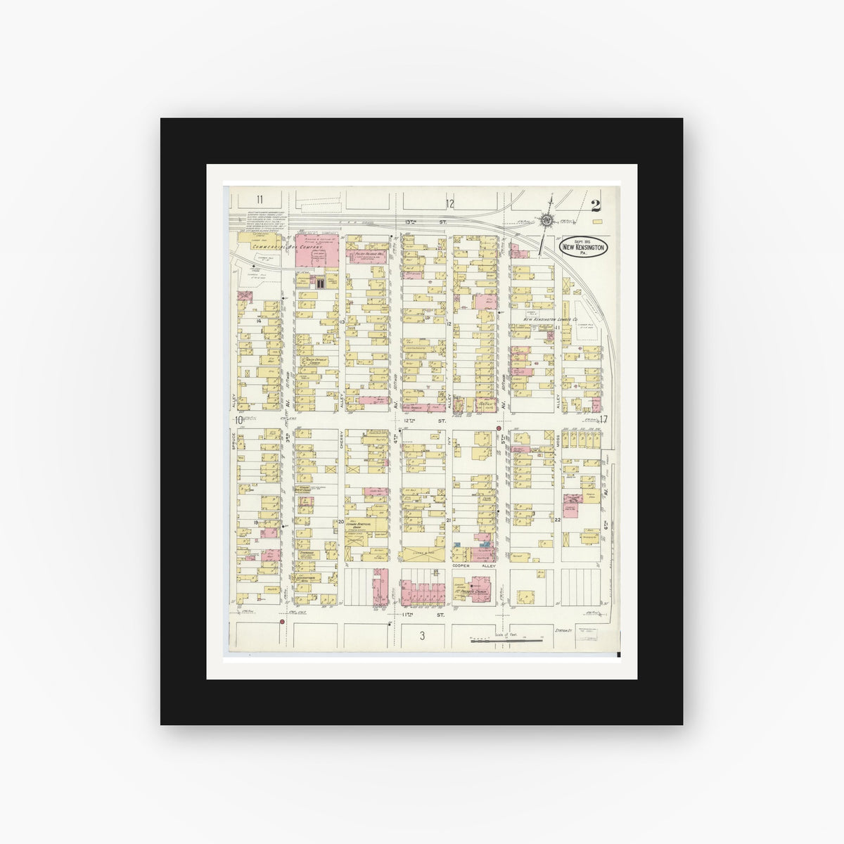 Old map wall art mockup — black gallery frame with white mat — Sanborn Fire Insurance Map from New Kensington, Westmoreland County, Pennsylvania (1915), Sheet #0002