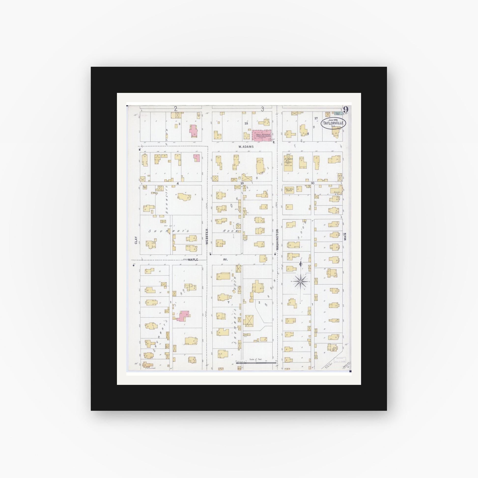 Old map wall art mockup — black gallery frame with white mat — Sanborn Fire Insurance Map from Taylorville, Christian County, Illinois (1899), Sheet #0009