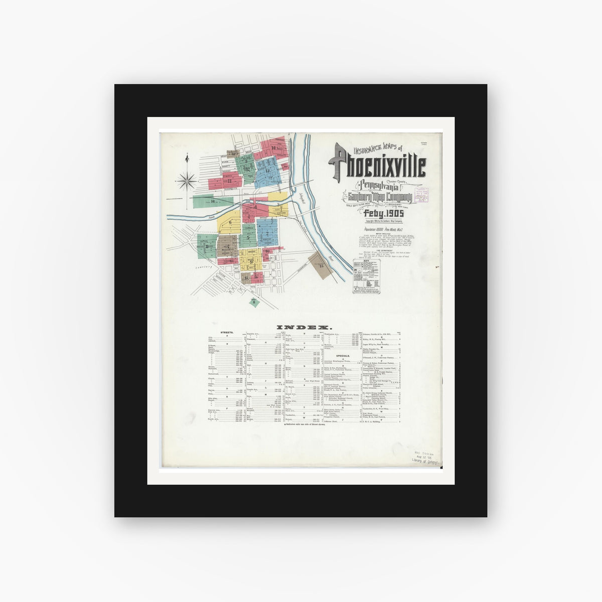Old map wall art mockup — black gallery frame with white mat — Sanborn Fire Insurance Map from Phoenixville, Chester County, Pennsylvania (1906) - Complete Map Set
