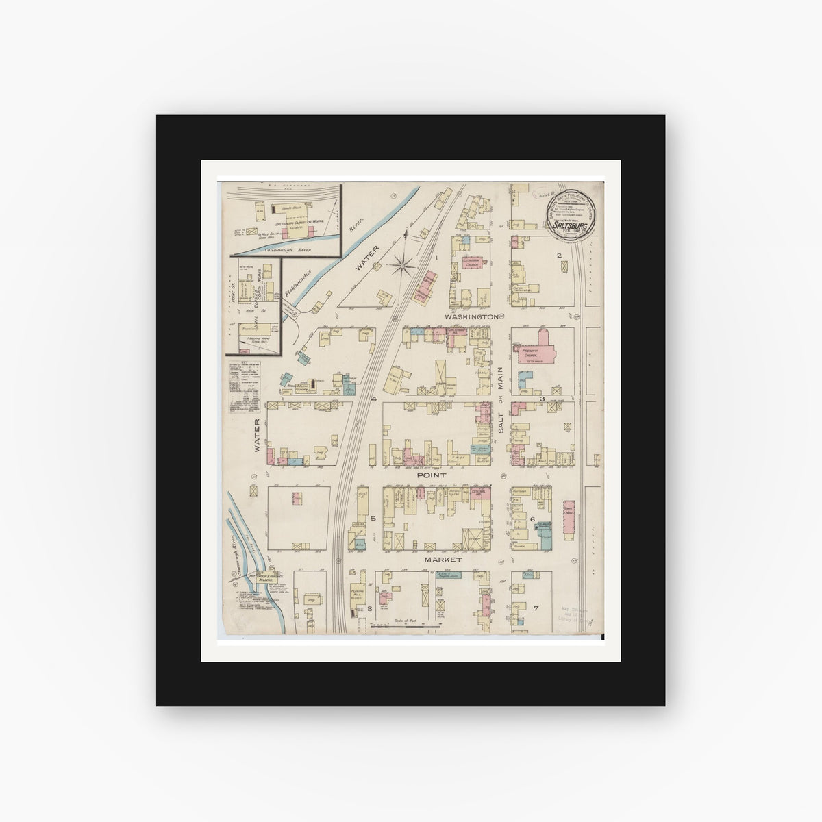 Old map wall art mockup — black gallery frame with white mat — Sanborn Fire Insurance Map from Saltsburg, Indiana County, Pennsylvania (1886), Sheet #0001