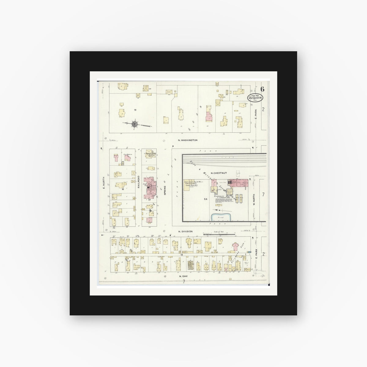 Old map wall art mockup — black gallery frame with white mat — Sanborn Fire Insurance Map from Du Quoin, Perry County, Illinois (1910), Sheet #0006