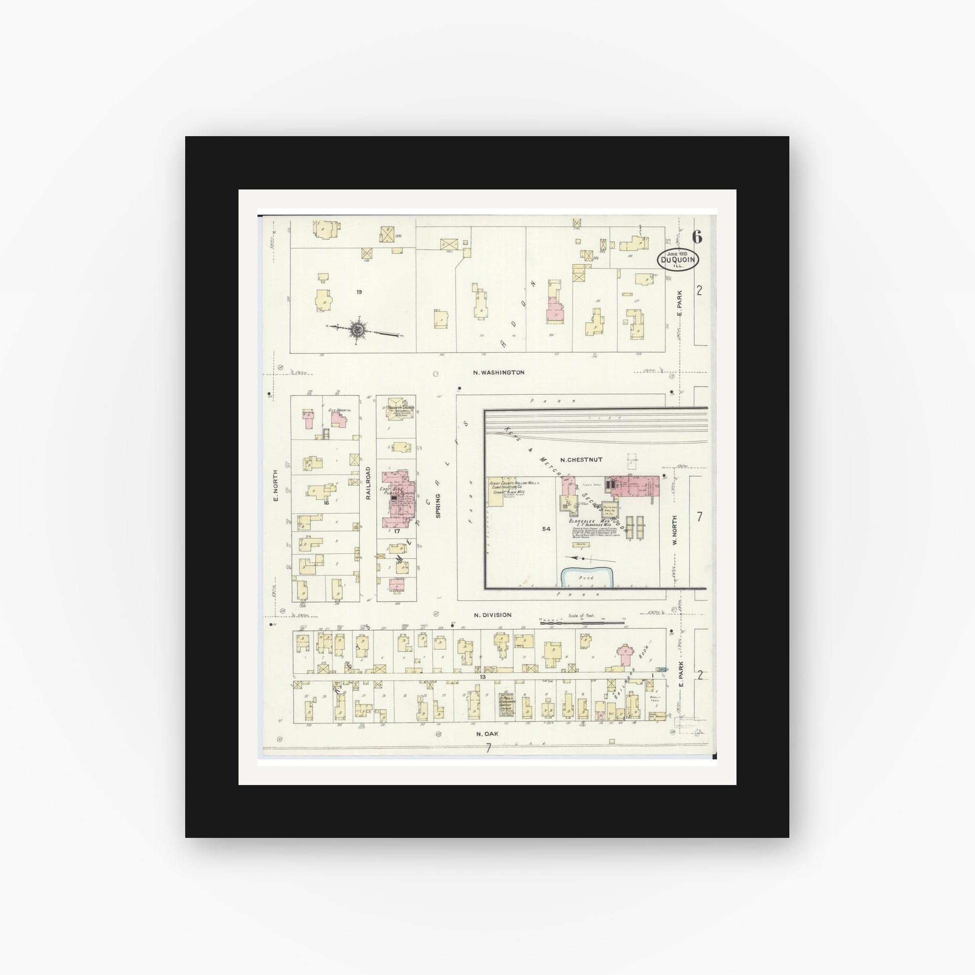 Old map wall art mockup — black gallery frame with white mat — Sanborn Fire Insurance Map from Du Quoin, Perry County, Illinois (1910), Sheet #0006
