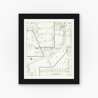 Old map wall art mockup — black gallery frame with white mat — Sanborn Fire Insurance Map from Clayton, Johnston County, North Carolina (1918), Sheet #0006