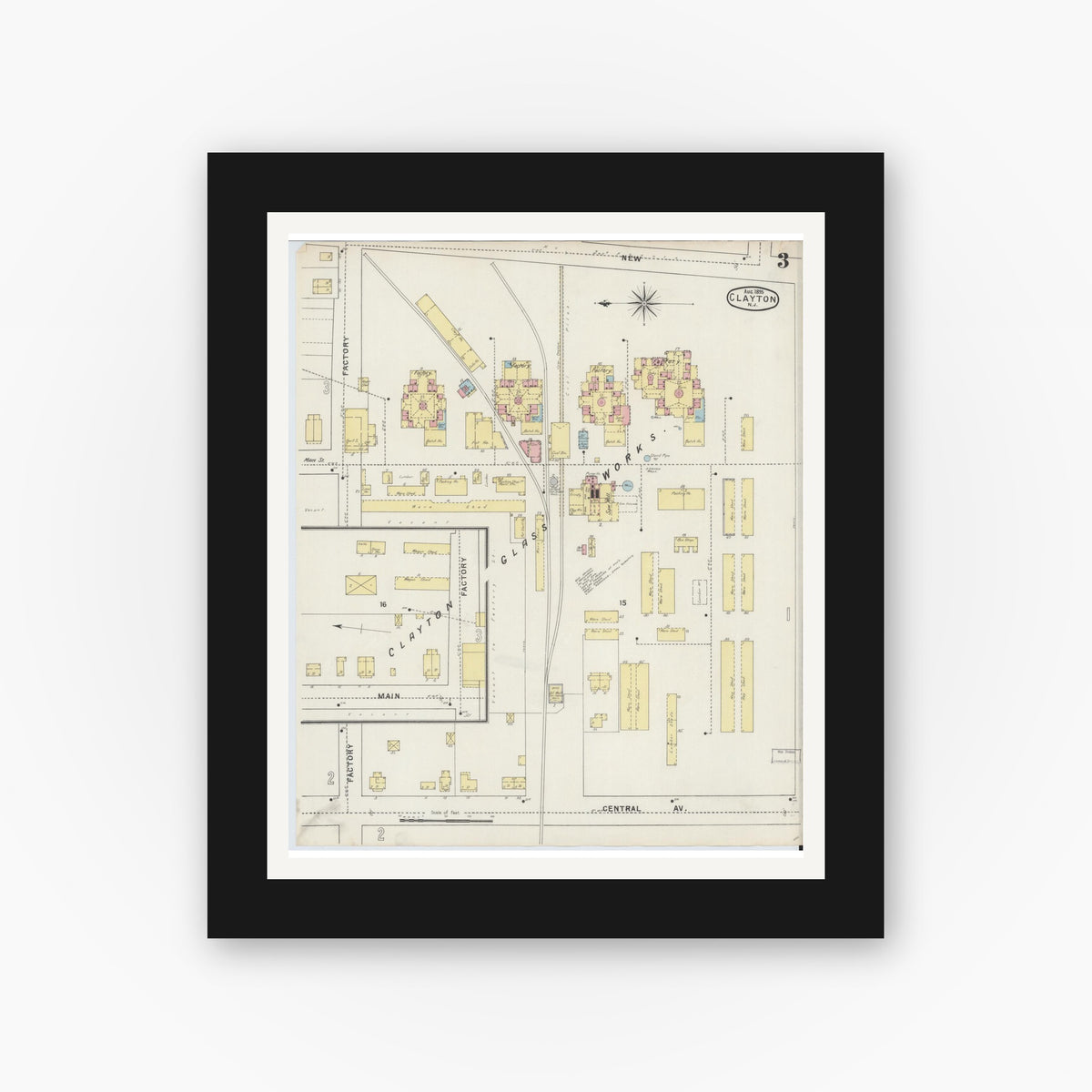 Old map wall art mockup — black gallery frame with white mat — Sanborn Fire Insurance Map from Clayton, Gloucester County, New Jersey (1895), Sheet #0003