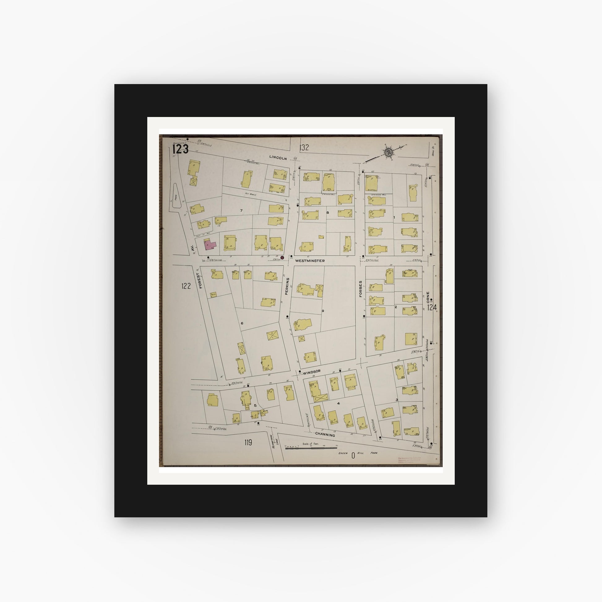 Old map wall art mockup — black gallery frame with white mat — Sanborn Fire Insurance Map from Worcester, Worcester County, Massachusetts (1910), Sheet #0123