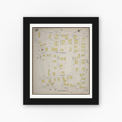 Old map wall art mockup — black gallery frame with white mat — Sanborn Fire Insurance Map from Worcester, Worcester County, Massachusetts (1910), Sheet #0123