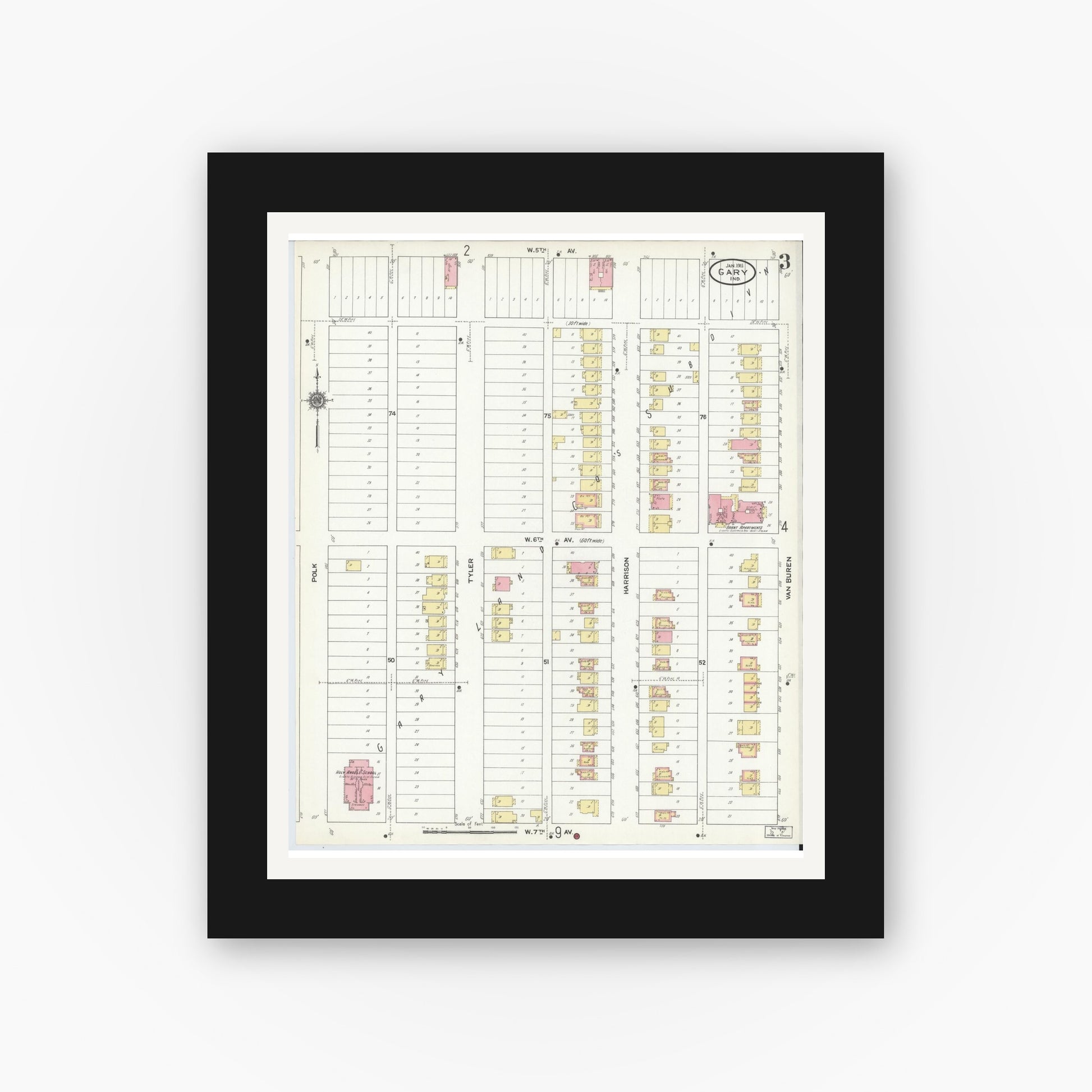 Old map wall art mockup — black gallery frame with white mat — Sanborn Fire Insurance Map from Gary, Lake County, Indiana (1911), Sheet #0003