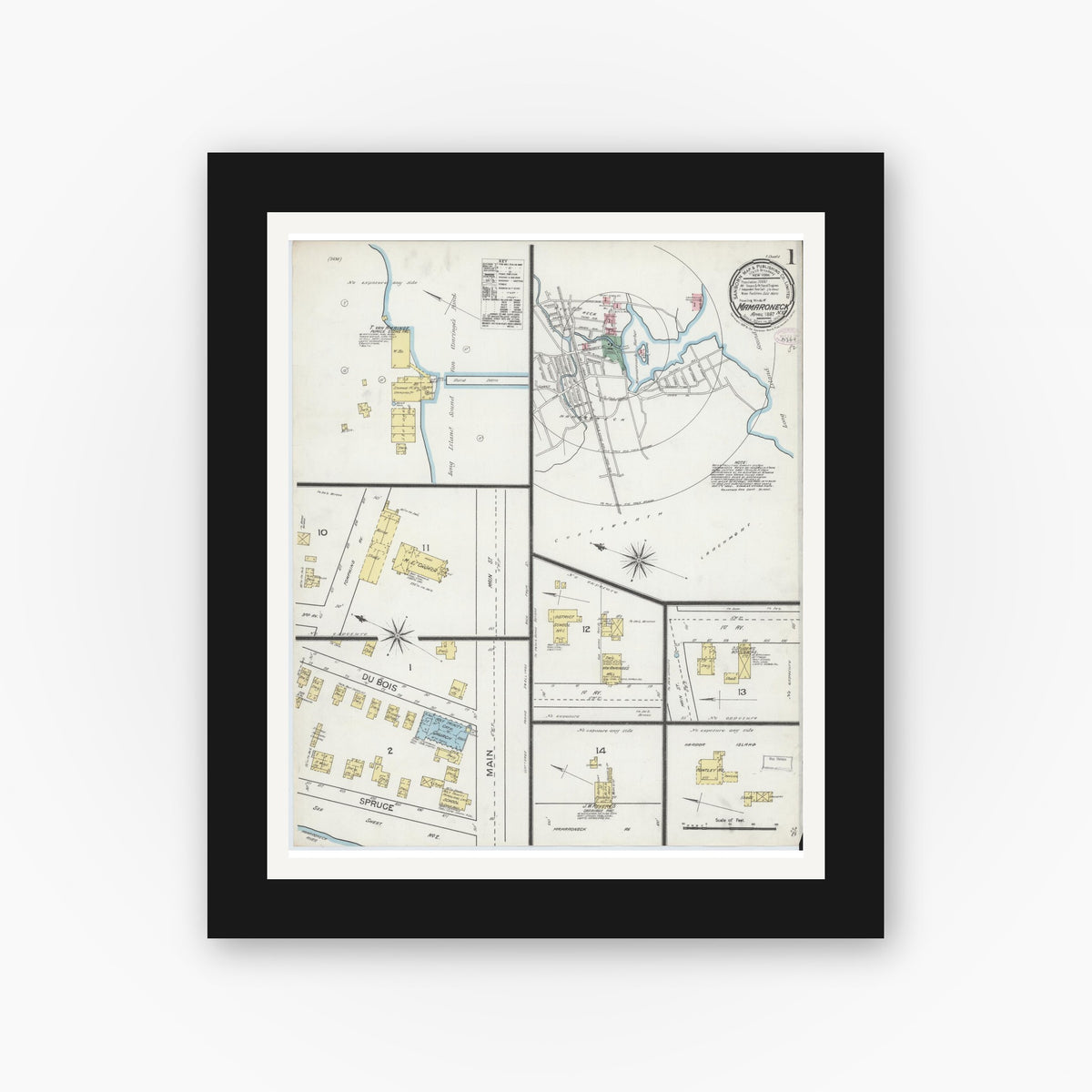 Old map wall art mockup — black gallery frame with white mat — Sanborn Fire Insurance Map from Mamaroneck, Westchester County, New York (1887) - Complete Map Set