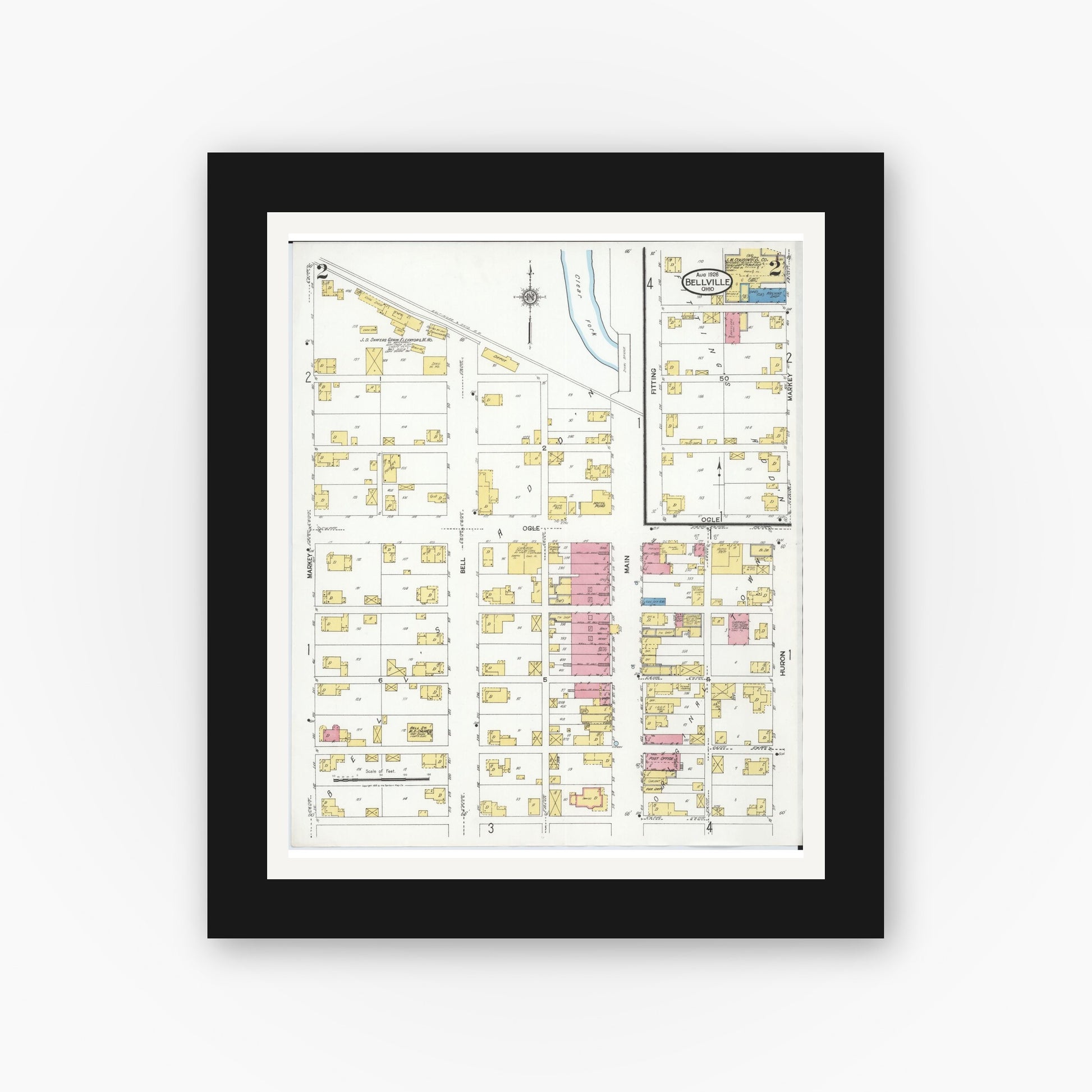 Old map wall art mockup — black gallery frame with white mat — Sanborn Fire Insurance Map from Bellville, Richland County, Ohio (1926), Sheet #0002