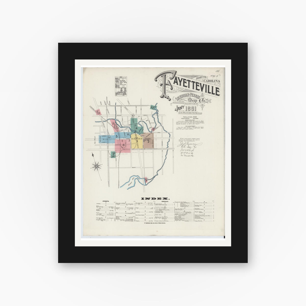 Old map wall art mockup — black gallery frame with white mat — Sanborn Fire Insurance Map from Fayetteville, Cumberland County, North Carolina (1891) - Complete Map Set