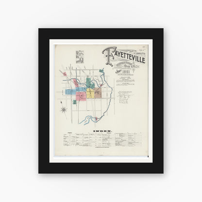 Old map wall art mockup — black gallery frame with white mat — Sanborn Fire Insurance Map from Fayetteville, Cumberland County, North Carolina (1891) - Complete Map Set
