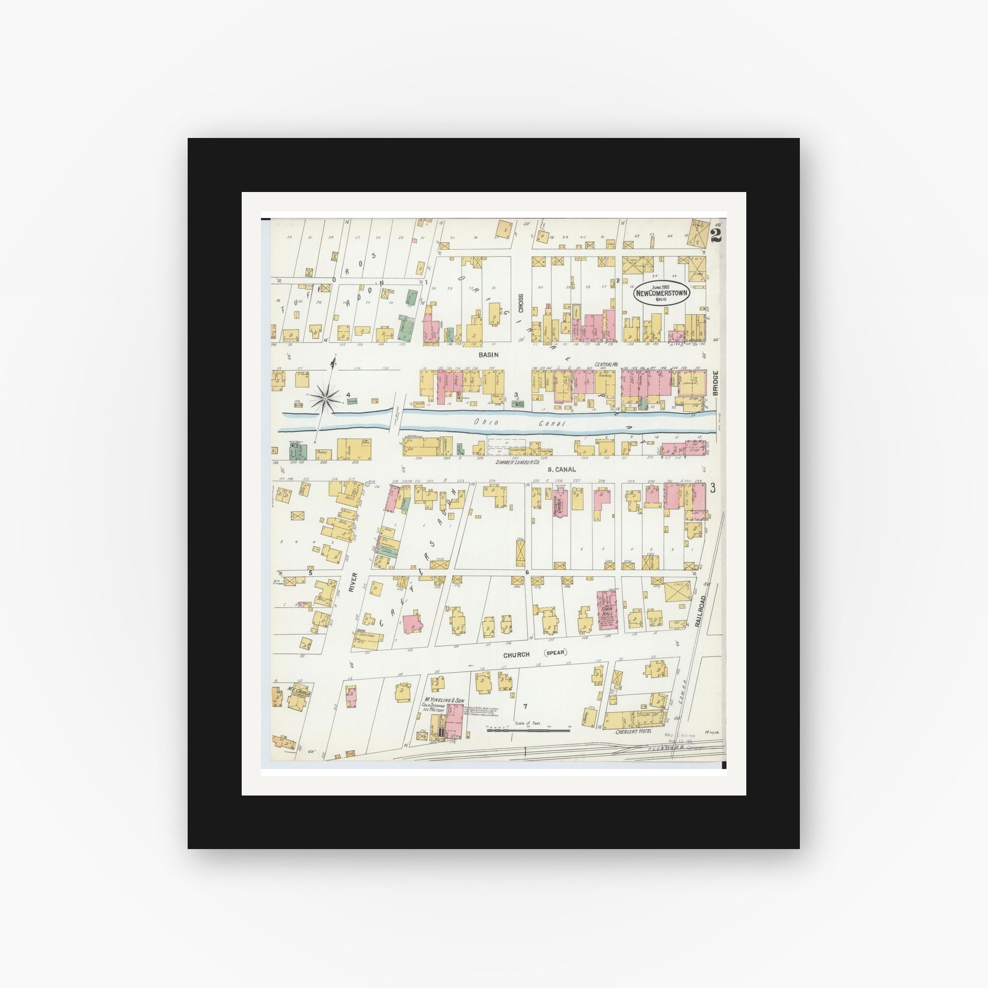 Old map wall art mockup — black gallery frame with white mat — Sanborn Fire Insurance Map from Newcomerstown, Tuscarawas County, Ohio (1901), Sheet #0002