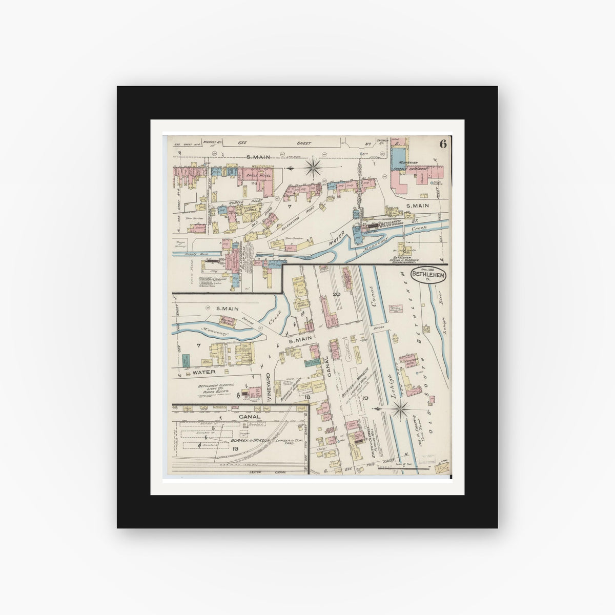 Old map wall art mockup — black gallery frame with white mat — Sanborn Fire Insurance Map from Bethlehem, Northampton And Lehigh Counties, Pennsylvania (1885), Sheet #0006