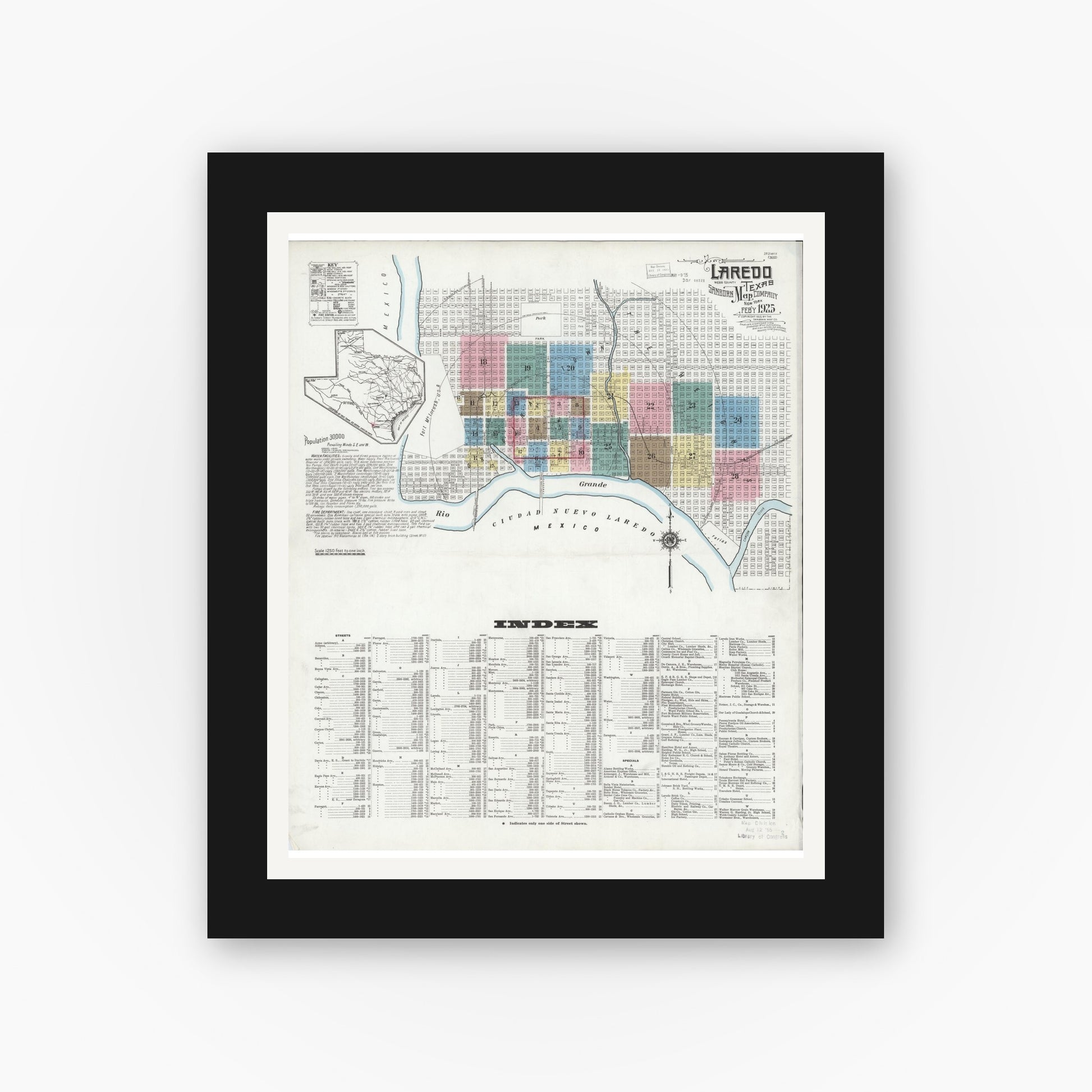 Old map wall art mockup — black gallery frame with white mat — Sanborn Fire Insurance Map from Laredo, Webb County, Texas (1925), Sheet #0001