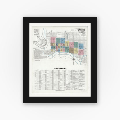 Old map wall art mockup — black gallery frame with white mat — Sanborn Fire Insurance Map from Laredo, Webb County, Texas (1925), Sheet #0001