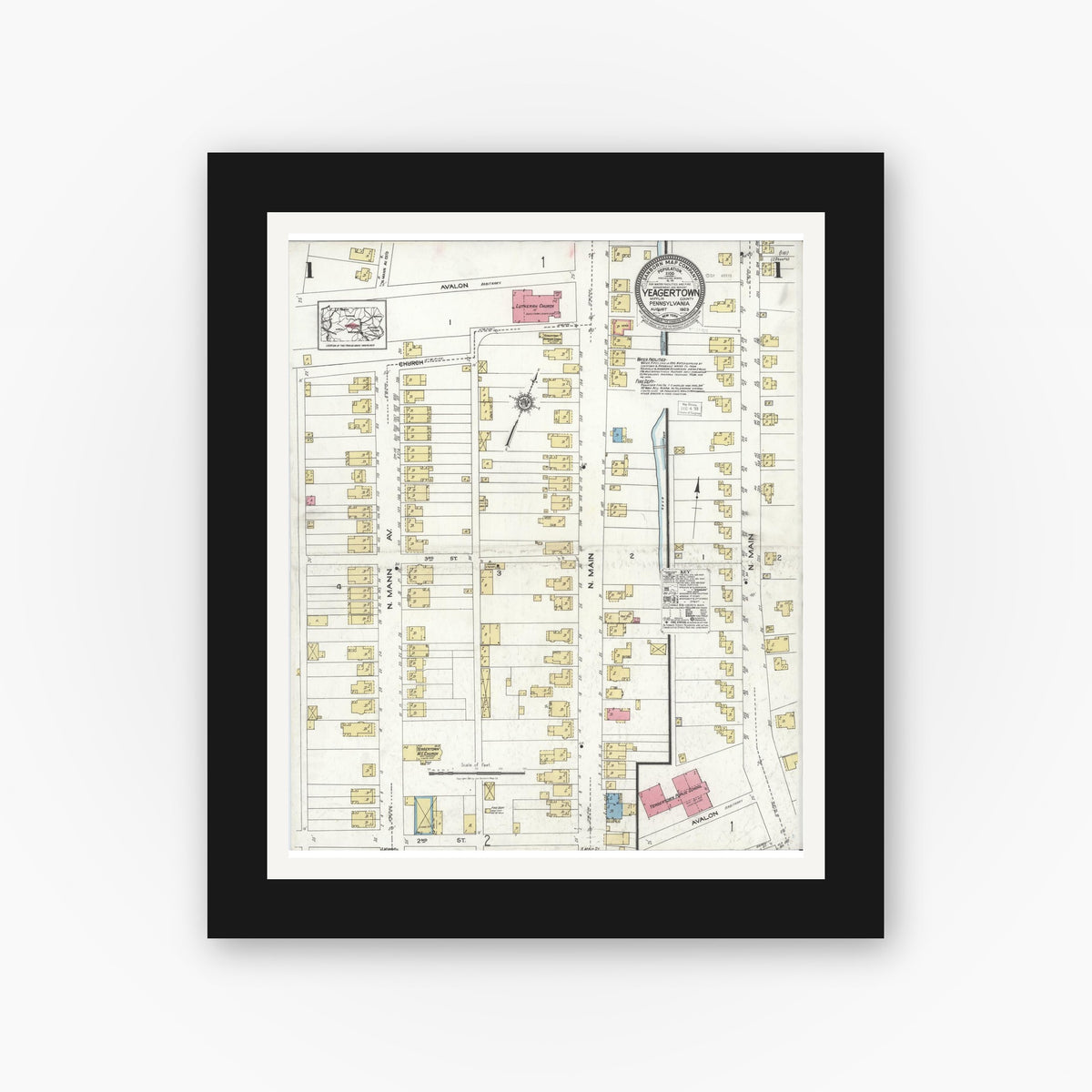 Old map wall art mockup — black gallery frame with white mat — Sanborn Fire Insurance Map from Yeagertown, Mifflin County, Pennsylvania (1923), Sheet #0001