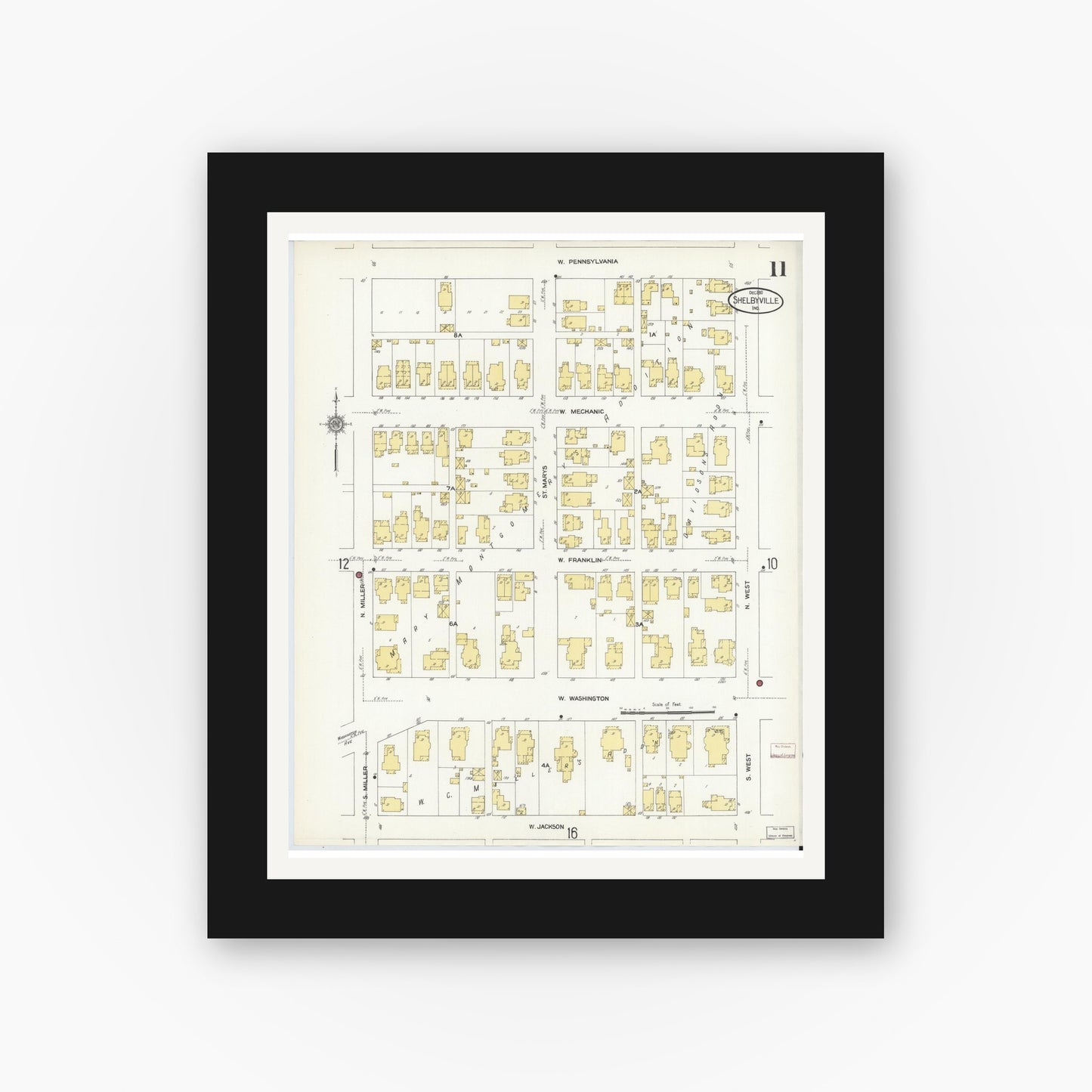 Old map wall art mockup — black gallery frame with white mat — Sanborn Fire Insurance Map from Shelbyville, Shelby County, Indiana (1910), Sheet #0011