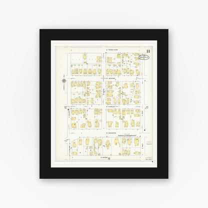 Old map wall art mockup — black gallery frame with white mat — Sanborn Fire Insurance Map from Shelbyville, Shelby County, Indiana (1910), Sheet #0011