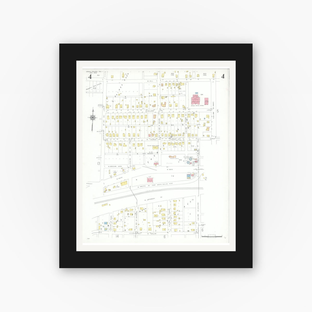 Old map wall art mockup — black gallery frame with white mat — Sanborn Fire Insurance Map from Grand Prairie, Dallas County, Texas (1943), Sheet #0004
