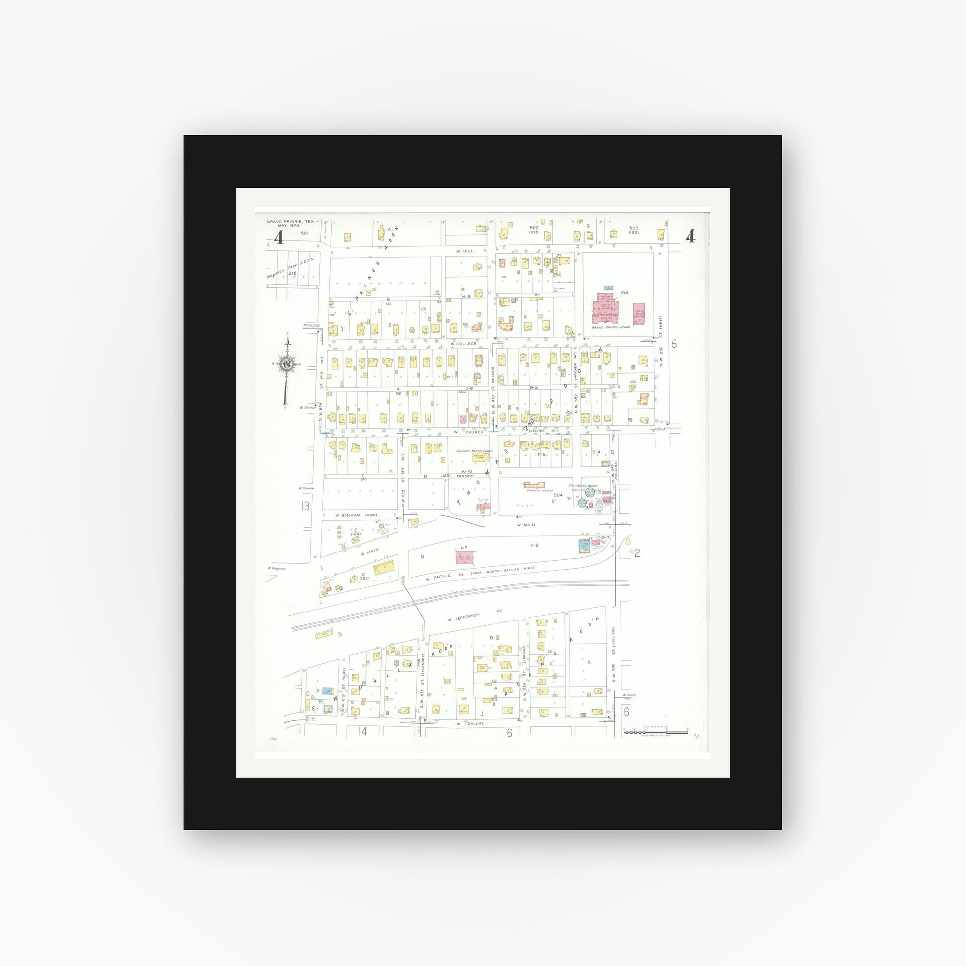 Old map wall art mockup — black gallery frame with white mat — Sanborn Fire Insurance Map from Grand Prairie, Dallas County, Texas (1943), Sheet #0004