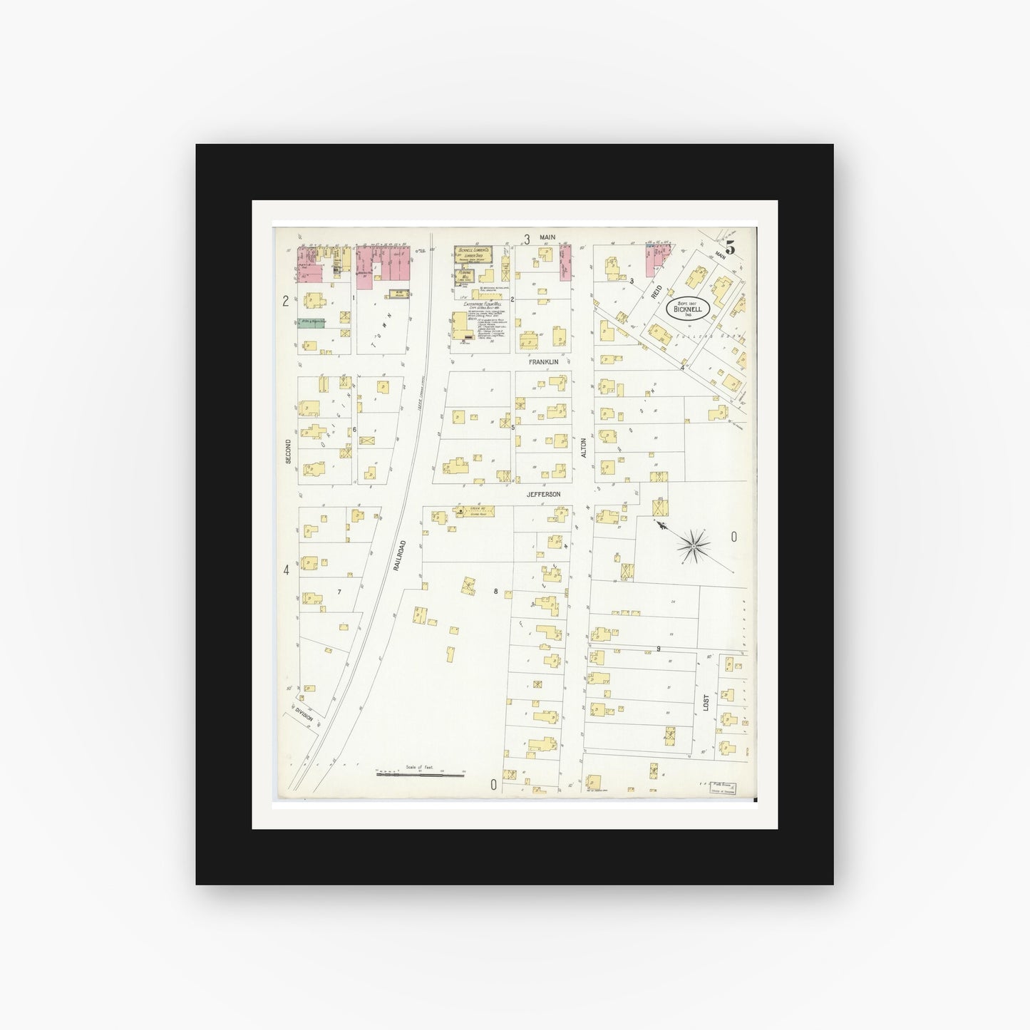Old map wall art mockup — black gallery frame with white mat — Sanborn Fire Insurance Map from Bicknell, Knox County, Indiana (1907), Sheet #0005