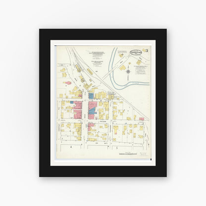 Old map wall art mockup — black gallery frame with white mat — Sanborn Fire Insurance Map from Fredericktown, Knox County, Ohio (1915), Sheet #0003
