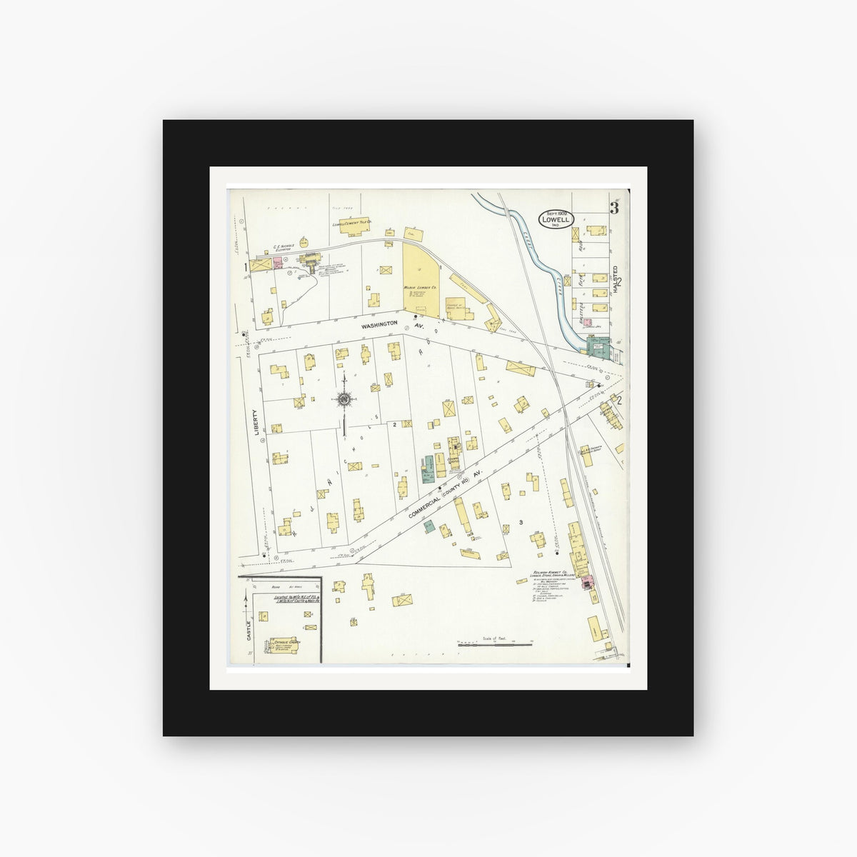 Old map wall art mockup — black gallery frame with white mat — Sanborn Fire Insurance Map from Lowell, Lake County, Indiana (1909), Sheet #0003