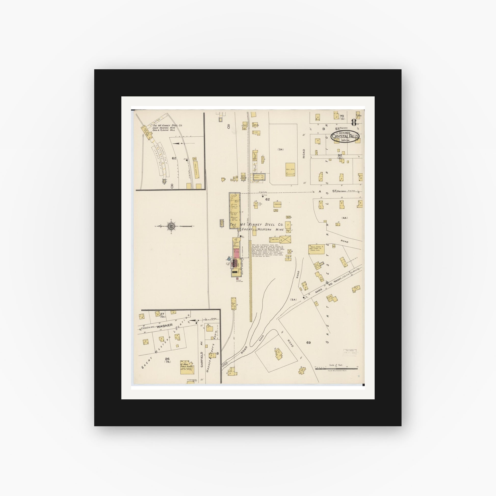 Old map wall art mockup — black gallery frame with white mat — Sanborn Fire Insurance Map from Crystal Falls, Iron County, Michigan (1922), Sheet #0008