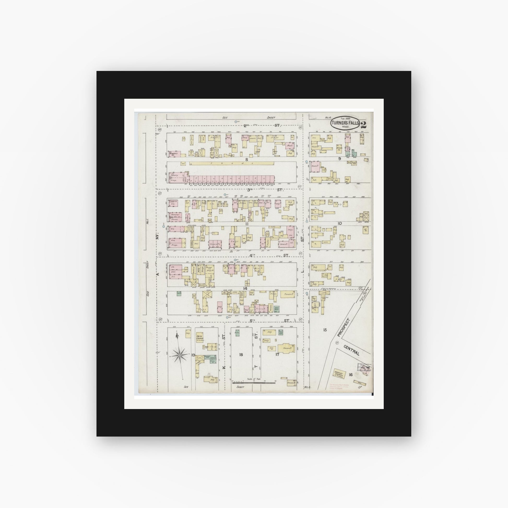 Old map wall art mockup — black gallery frame with white mat — Sanborn Fire Insurance Map from Turners Falls, Franklin County, Massachusetts (1889), Sheet #0002