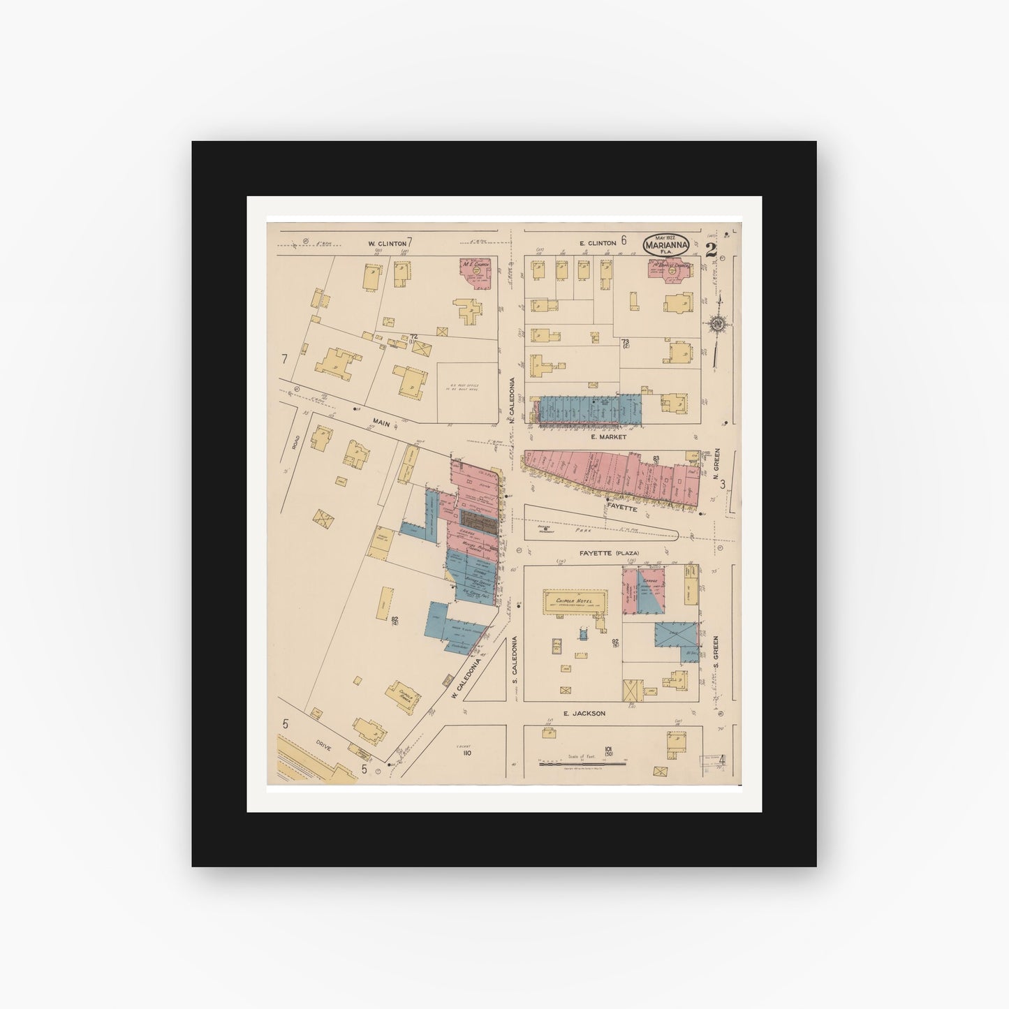 Old map wall art mockup — black gallery frame with white mat — Sanborn Fire Insurance Map from Marianna, Jackson County, Florida (1922), Sheet #0002