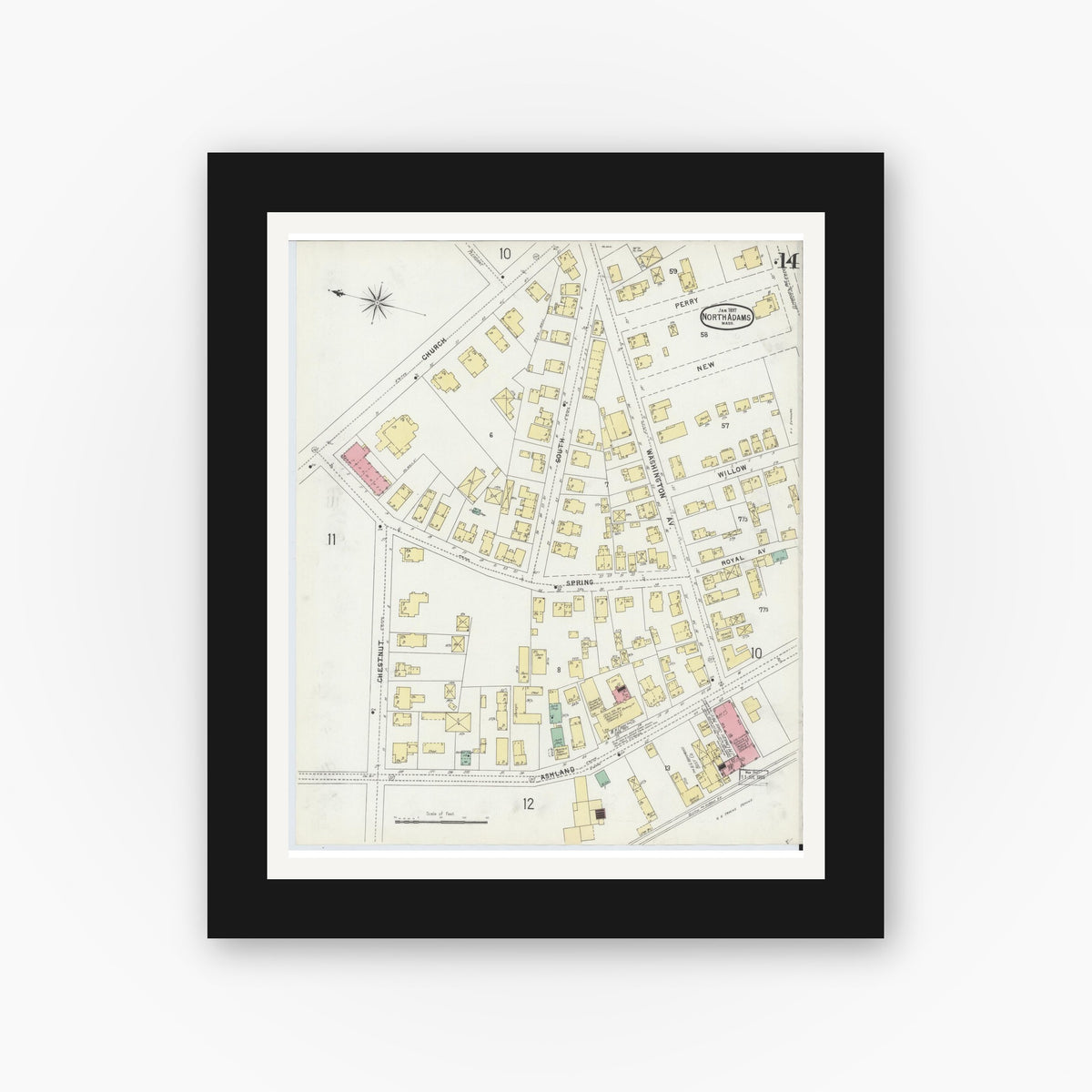 Old map wall art mockup — black gallery frame with white mat — Sanborn Fire Insurance Map from North Adams, Berkshire County, Massachusetts (1897), Sheet #0014